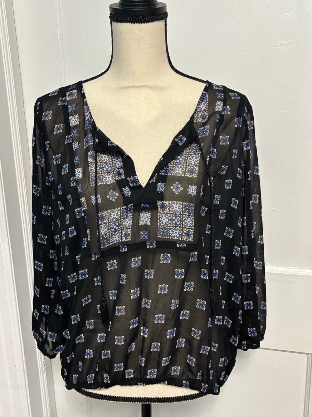 Maurices Black Sheer Blouse with Blue Tile Motif